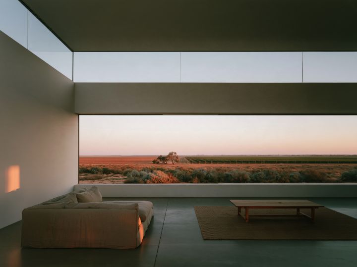 High windows under the roof and one long, low one onto the mallee, the light even all day