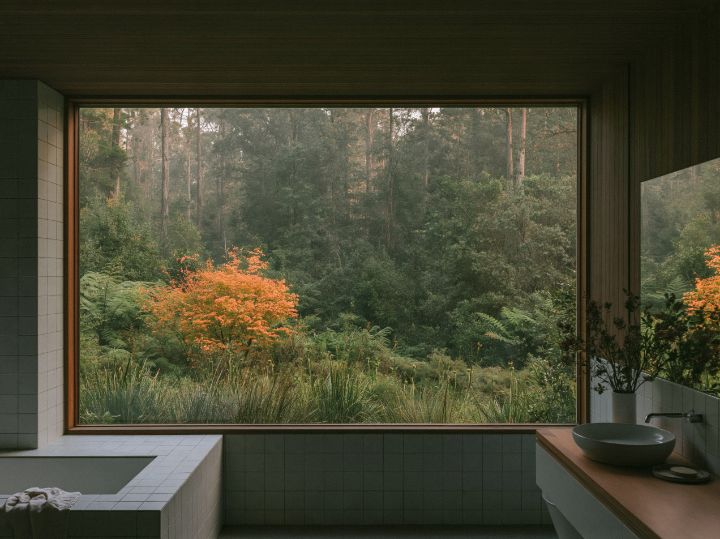 A bathroom in the new wing, dark timber and white tile, a window to the garden