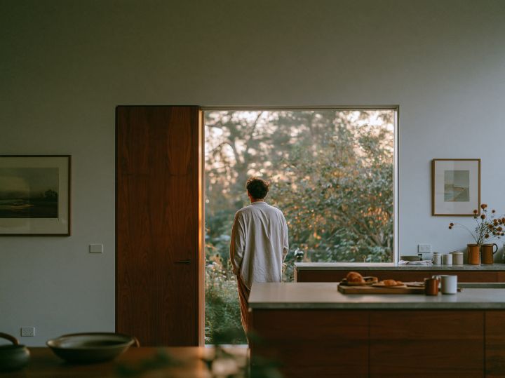 A quiet walnut kitchen in the new wing, the pantry behind a timber door