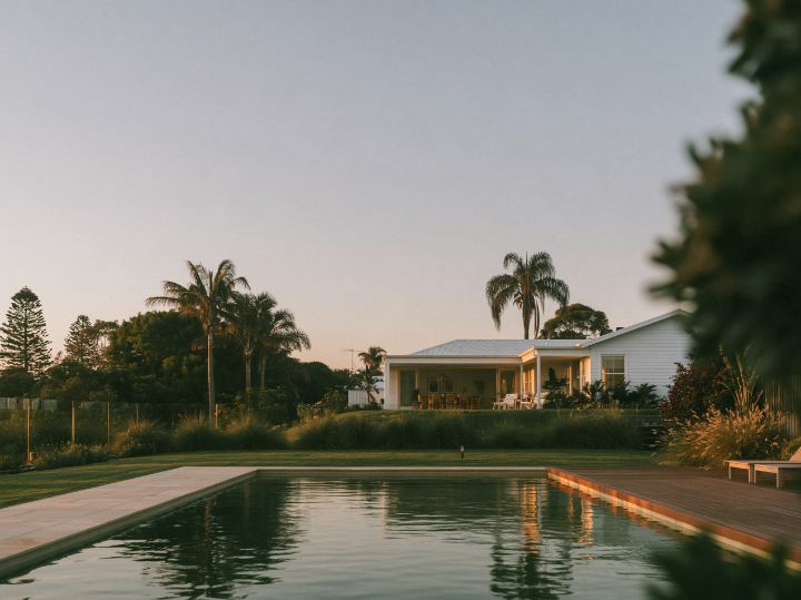 A pool behind the house, pale paving and a timber deck, the verandah's shade beside it