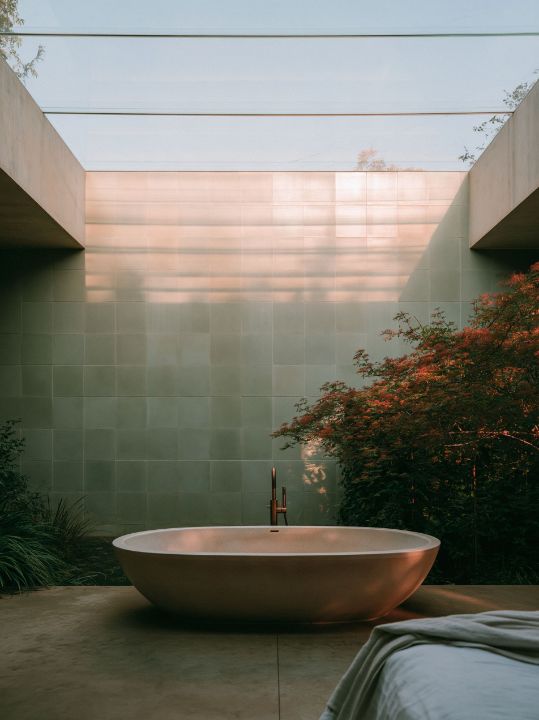 A stone bath under a skylight, the garden on the other side of the glass