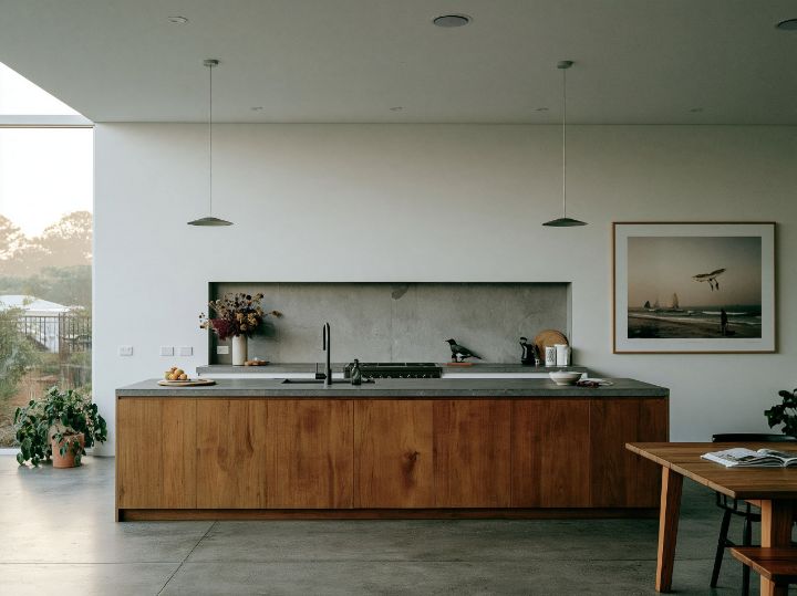 A timber island facing the living room, the ovens in one pale wall
