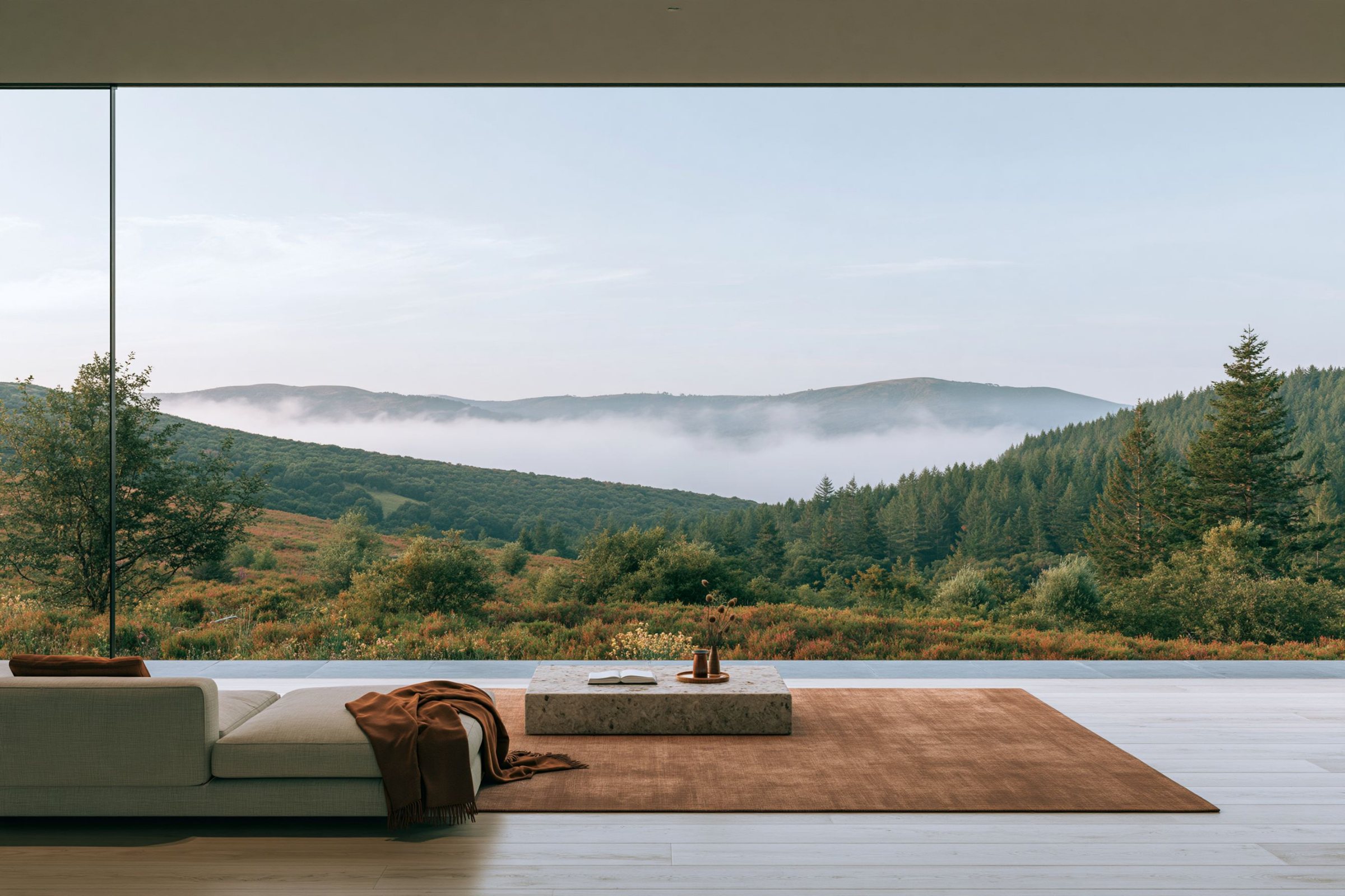 A sunken lounge that looks across the valley