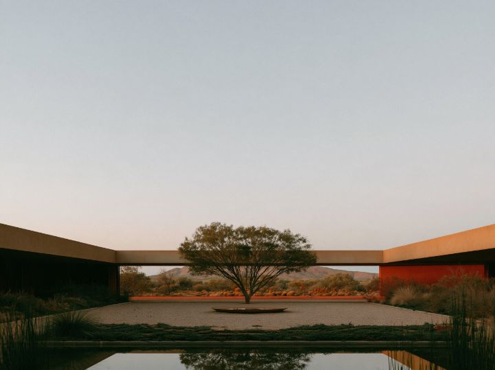 A courtyard in the middle of the plan, shaded by mid-afternoon