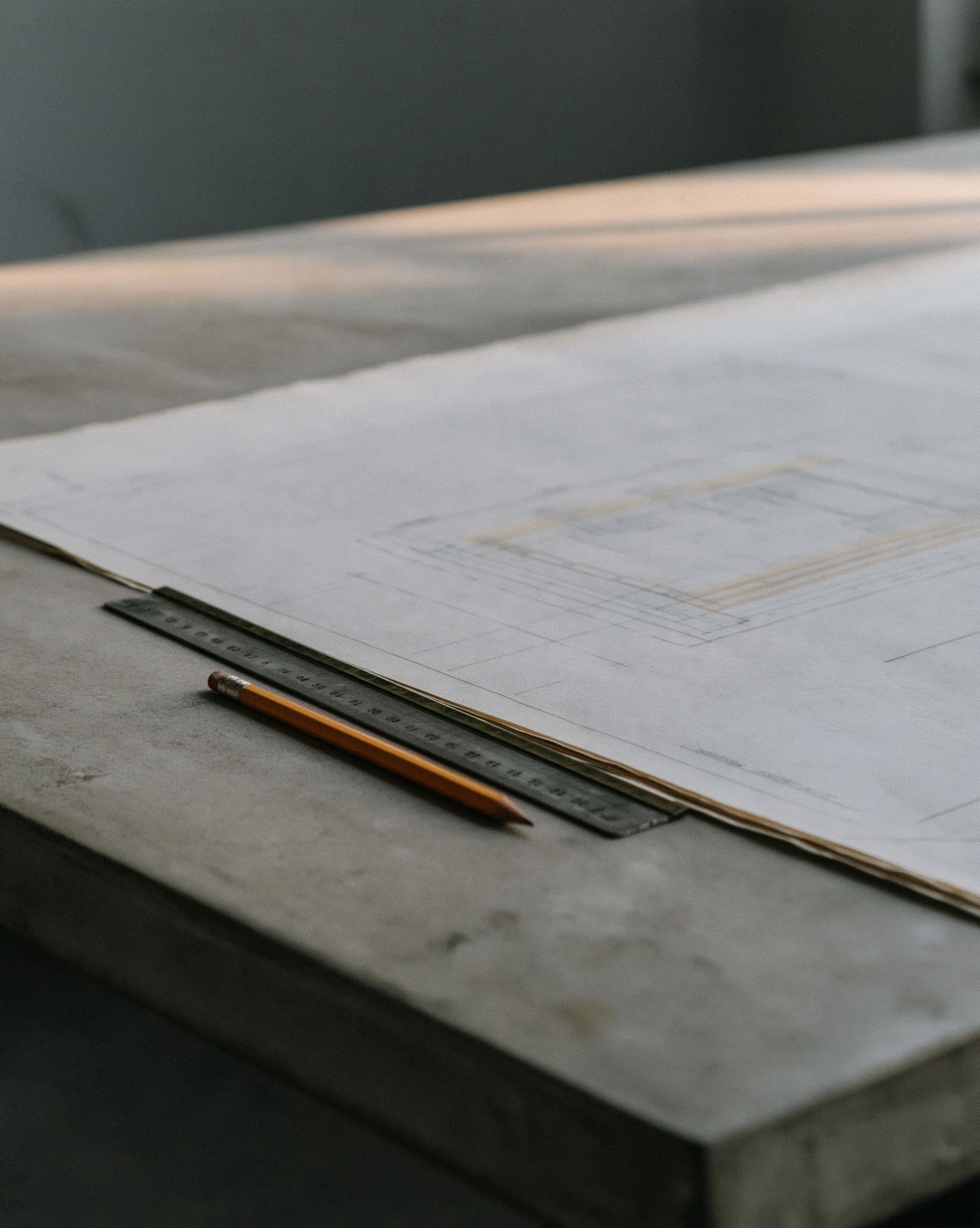 A printed plan on a desk with a scale rule and a pencil.