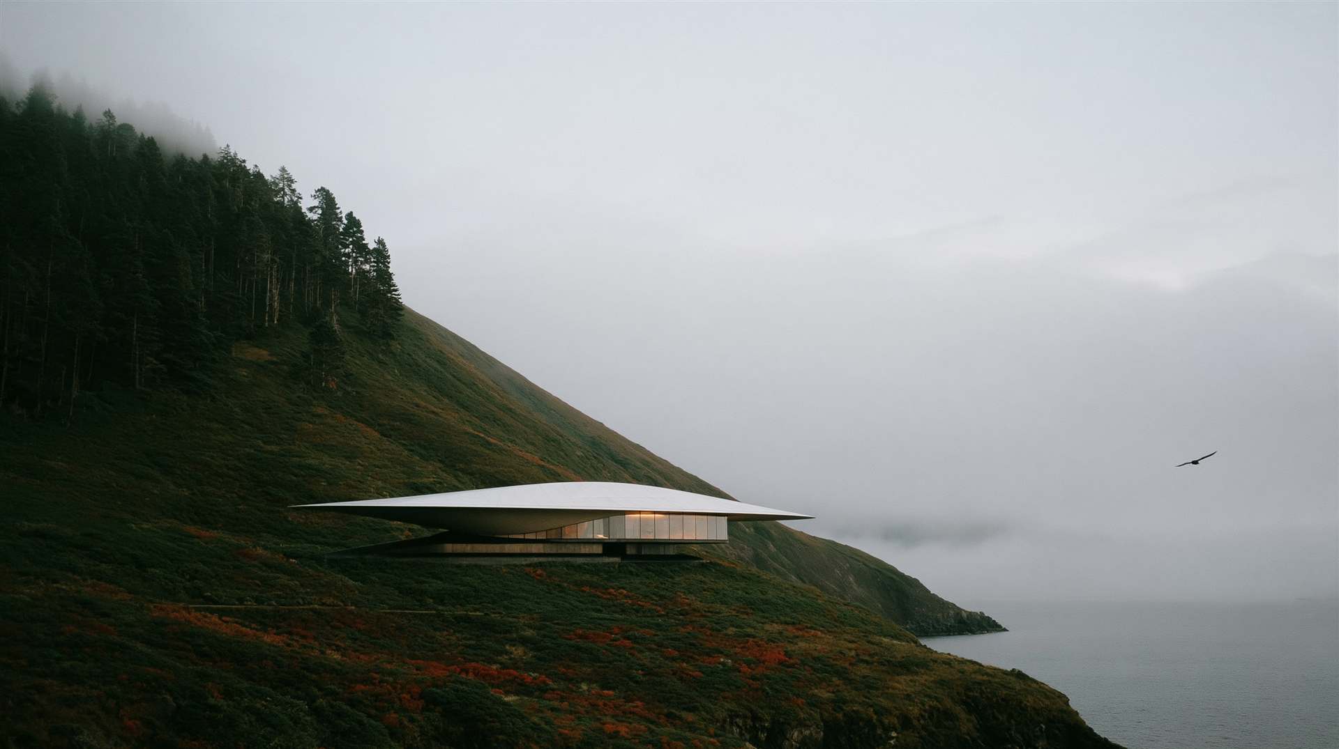 A low house under a wide roof, on a hillside above the water in fog.